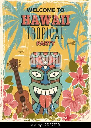 Hawaii-Poster. Sommer Tanz Party Einladung Tiki afrikanischen Stammes Masken Vektor-Illustrationen Stock Vektor