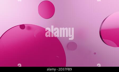 Rosa Metall und undurchsichtige Kreise und Zylinder auf farbigem Hintergrund. Abstrakter Hintergrund für grafische Gestaltung mit transparentem Glas. 3d-Rendering illustrati Stockfoto