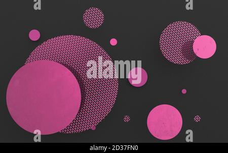 Rosa Metall und undurchsichtige Kreise und Zylinder auf farbigem Hintergrund. Abstrakter Hintergrund für grafische Gestaltung mit transparentem Glas. 3d-Rendering illustrati Stockfoto