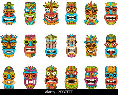 Tiki-Masken. Tribal hawaii Totem afrikanischen traditionellen hölzernen Symbolen Vektor farbige Maske Illustrationen Stock Vektor