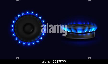 Brennender Gasofen mit blauer Flamme oben und Seitenansicht. Küchenbrenner mit beleuchteten Kochfeldern, Propan-Butan-Flamme im Backofen, glühende Kochplatte isoliert auf schwarzem Hintergrund, realistische 3d-Vektorgrafik Stock Vektor