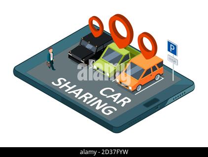 Isometrisches Car Sharing Vektor-Konzept. Mobile App Parken mit Autos und Geschäftsmann Illustration Stock Vektor