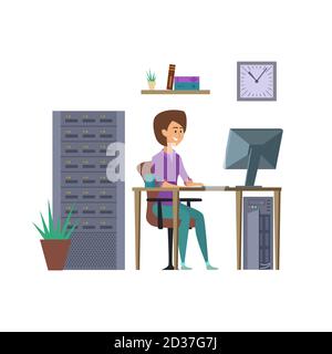 Vektor des weiblichen Programmierers. IT-Entwickler-Charakter mit Computer-Illustration Stock Vektor