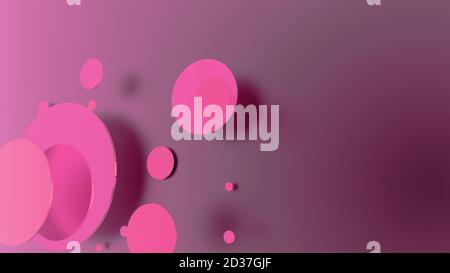 Rosa Metall und undurchsichtige Kreise und Zylinder auf farbigem Hintergrund. Abstrakter Hintergrund für grafische Gestaltung mit transparentem Glas. 3d-Rendering illustrati Stockfoto