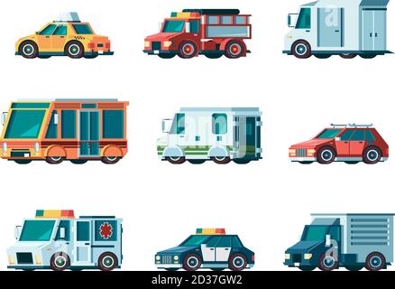 Flache Autos. Stadtverkehr Stadtfahrzeug Feuerwehr Krankenwagen Polizei Post Taxi LKW Bus und Sammler Auto Vektor orthogonale Bilder Stock Vektor