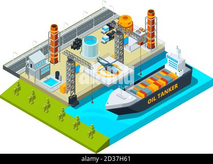 Seaport isometrisch. Frachtschiff Öltanks Meer Industriegebäude Schiff und Brennstoff Farmen Vektor 3d-Illustration Stock Vektor