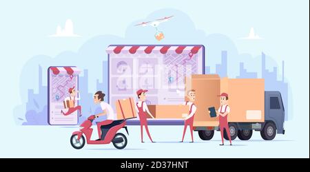 Online-Lieferung. Schnelle digitale Shopping und städtischen Kurier Transport-Service Versand Geschenke Vektor Lieferung Konzept Illustration Stock Vektor