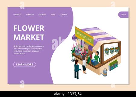 Vorlage für die Landing Page des Blumenmarktes. Isometrische Blumen, Zähler, Menschen Vektor Illustration Stock Vektor