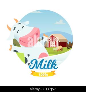 Frische Bauernhof Milch Vektor-Banner mit Cartoon-Charakter glücklich Kuh Stock Vektor