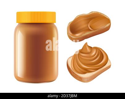 Realistisches Karamell. Vector Karamell Glas und Sandwiches isoliert auf weißem Hintergrund. Süßes Frühstück Stock Vektor