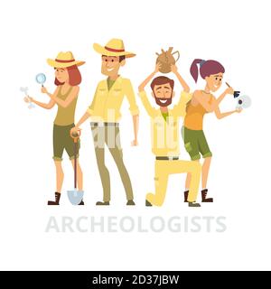 Gruppe von Archäologen auf weißem Hintergrund isoliert. Vektor archaelogists Zeichen Illustration Stock Vektor