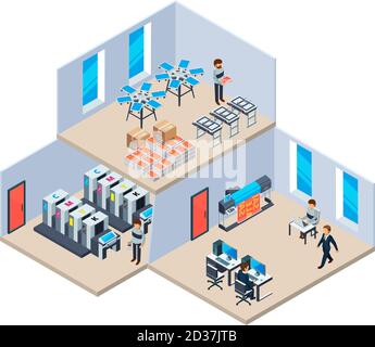 Druckerei. Produktion Industrie Polygrafie Print-Technologie Firma Vektor Innenraum der Druckerei Stock Vektor