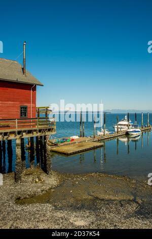 Historische Couperville Wharf in Couperville auf Whidbey Island, Washington State, USA. Stockfoto