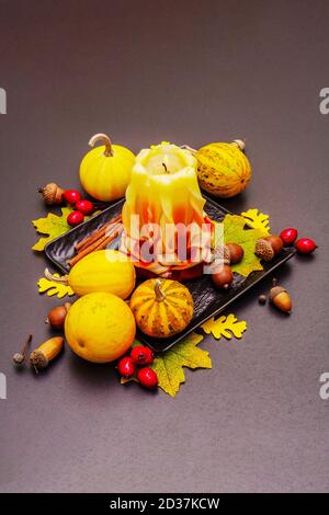 Herbstkomposition für Thanksgiving oder Halloween. Brennende geschnitzte Kerze, reife Kürbisse, Eicheln, Herbstblätter und Hagebutten. Steinbeton hintergr Stockfoto