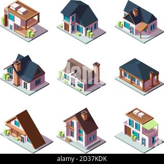 Private moderne Häuser. Stadt Wohnmodelle von Gebäuden Miniatur 3d Low-Poly-Vektor isometrische Illustrationen Stock Vektor