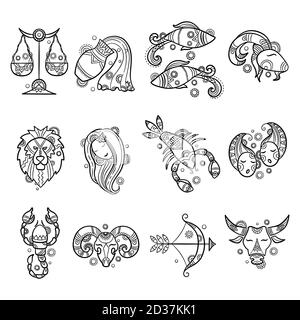 Tierkreiszeichen. Astrologie Horoskop Zeichen Tattoos Löwe widder Fisch Krebs Vektor Grafik Stock Vektor