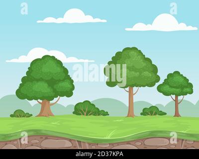 Nahtlose Spiel Natur Landschaft. Parallax Hintergrund für 2d-Spiel im Freien Berge Bäume und Wolken Vektor-Illustrationen Stock Vektor