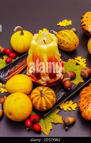 Herbstkomposition für Thanksgiving oder Halloween. Brennende geschnitzte Kerze, reife Kürbisse, Eicheln, Herbstblätter und Hagebutten. Steinbeton hintergr Stockfoto