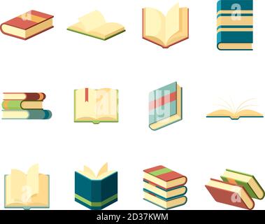 Bücher flach. Bibliothek Symbole Lernen Lernen Informationen Handbuch deckt Zeitschriften Vektor Sammlung Stock Vektor