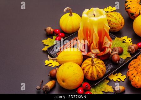Herbstkomposition für Thanksgiving oder Halloween. Brennende geschnitzte Kerze, reife Kürbisse, Eicheln, Herbstblätter und Hagebutten. Steinbeton hintergr Stockfoto
