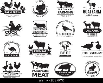 Nutztiere. Business-Logo mit Haustieren Kuh Huhn Ziege gesunde Lebensmittel Symbole Vektor Bauernhof Sammlung Stock Vektor