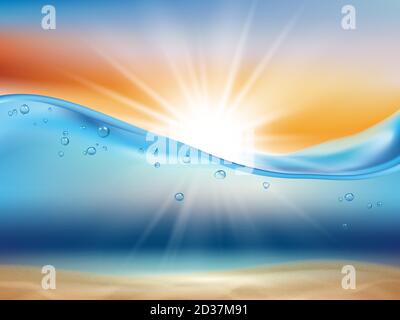 Ozean Welle Hintergrund mit Sonne. Wasserlandschaft mit Sonnenaufgang oder Sonnenuntergang und Unterwasserleben flüssige Oberfläche spritzt Tropfen und Blasen 3d realistisch Stock Vektor