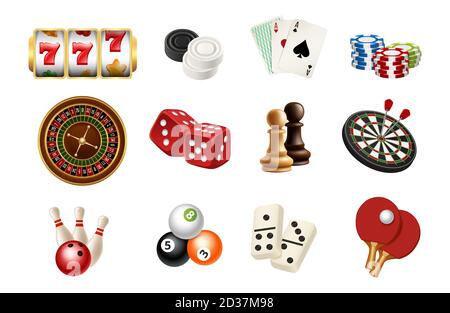 Casino und Glücksspiel Sportspiele Symbole. Vektor realistisches Schach, Kegeln, Bälle, Casino Roulette, Spielautomat Stock Vektor