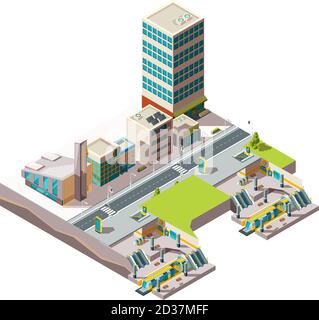 U-Bahn-Station. Städtische Landschaft Infrastruktur mit Gebäuden und Querschnitt Eisenbahn U-Bahn-Vektor low poly isometrisch Stock Vektor