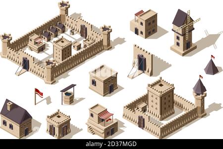 Mittelalterliche Gebäude. Alte architektonische Objekte Dorf und Burgen Vektor isometrische für Spiele Stock Vektor