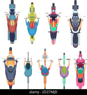 Blick auf das Fahrrad von oben. Menschen fahren Fahrrad in Helm Fahrer Moped und Fahrrad Straßenverkehr Vektor-Illustrationen Stock Vektor