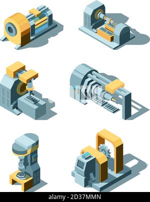 Schwerindustrie. Arbeiten Fabrik Linie Metall Produktion Engineering Maschinen Kran Vektor Ausrüstung isometrisch Stock Vektor