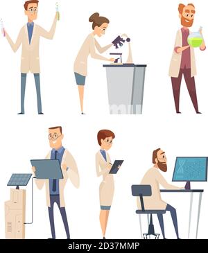 Science-Figuren. Apotheker moderner Biologe Techniker Ausbilder arbeiten im Labor Forschung Vektor Menschen Stock Vektor