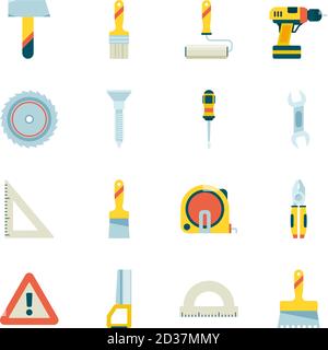 Konstruktionssymbol. Bauindustrie Ausrüstung Kran Roulette Farbe Säge Hammer Vektor flache Bilder Sammlung Stock Vektor