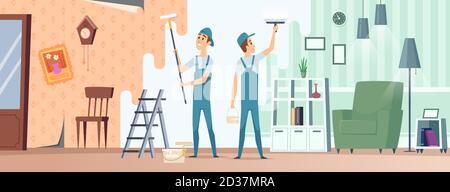 Zimmerreparatur. Hausbauer mit professioneller Ausrüstung Reparaturmeister Renovierung Zimmer Vektor-Illustrationen Stock Vektor