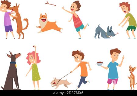 Kinder mit Hunden. Glückliche Kinder spielen Umarmung ihre lustigen Haustiere Vektor Cartoon Welpen Hund Haustiere Stock Vektor