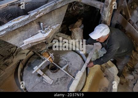 Alte Mühle zum Mahlen von Getreide aus nächster Nähe. Der Müller mahlt Getreide Stockfoto