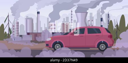 Schadstoffauto. Atmosphärische Verschmutzung industrielle Fabrik Automobil Verkehr Motor Rauch schlechte städtische Umwelt Vektor Hintergrund Stock Vektor