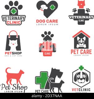 Logo des Haustiershops. Tierklinik für Haustiere Hunde Katzen Schutz Symbole Vektor Design Vorlage Stock Vektor