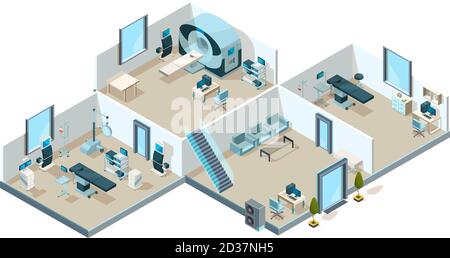 Klinikinnenraum. Krankenhaus Patienten medizinische Räume mit Geräten kreative Labor Vektor low poly isometrisches Bild Stock Vektor