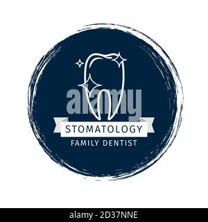 Vektor Dental Logo Design. Grunge Etikett für Stomatologie Klinik. Illustration der Familie Zahnarzt Klinik, Gesundheitswesen Stock Vektor