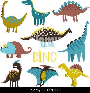 Dinosaurier. Vector Dinosaurier-Set, Brontosaurus und pteranodon, fleischfressende Velociraptor und allosaurus, fleischfressende Reptilien isoliert Stock Vektor