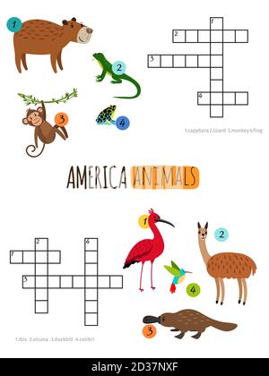 Amerika Tiere Mini Kreuzworträtsel für Kinder Vorschule Vektor Illustration. Illustration von Kreuzworträtsel Tierfrosch und Liane, Schnabeltier und Kolibri Stock Vektor