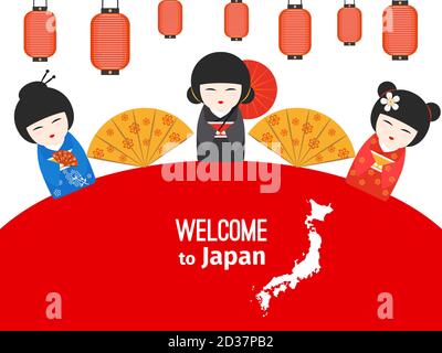 Willkommen bei Japan Vektor Poster Design mit japanischen Symbolen. Illustration der japanischen willkommen zu Kultur und Tradition Stock Vektor