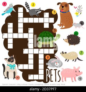 Kinder Kreuzworträtsel mit Zeichentrickfigur Haustiere Vektor Illustration Stock Vektor