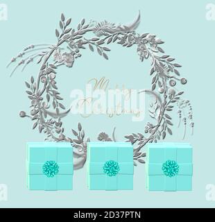 Frohe Weihnachten Grußkarte mit realistischem silbernen Blumenkranz, Geschenkbox mit Schleife in babyblauer Farbe auf türkisblauem Hintergrund. 3D-Rendering Stockfoto