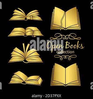 Golden offene Bücher Symbole Vektor isoliert auf schwarzem Hintergrund Stock Vektor