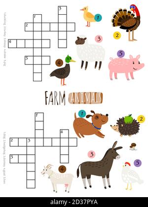 Bauernhof Tiere Mini Kreuzworträtsel für kleine Kinder Vektor-Illustration Stock Vektor