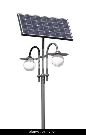 Straße Laterne mit Solarpanel isoliert auf weißem Hintergrund mit Beschneidungspfad Stockfoto