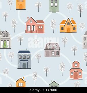 Nahtlose Vektor-Muster mit Winterhäusern und Bäumen. Stock Vektor
