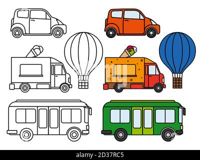 Linien- und farbenfrohe Transportvektoren eingestellt. Bus, Auto, Luftballon isoliert auf weißem Hintergrund Stock Vektor